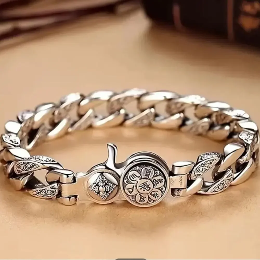 Stainless Steel Chain Link Bracelet, Mantra, Screwbar Curb Chain